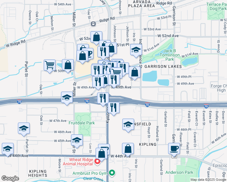 map of restaurants, bars, coffee shops, grocery stores, and more near 4818 Kipling Street in Wheat Ridge