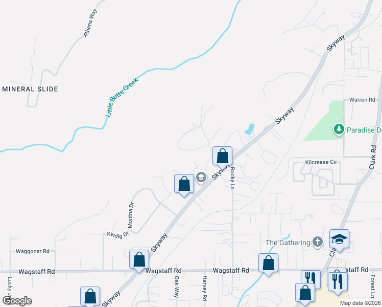 map of restaurants, bars, coffee shops, grocery stores, and more near 6663 Woodland Drive in Paradise