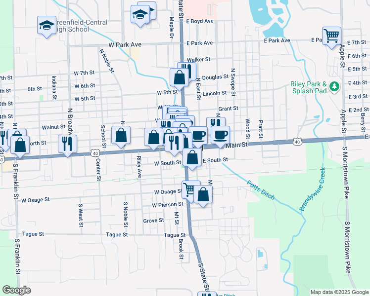 map of restaurants, bars, coffee shops, grocery stores, and more near in Greenfield