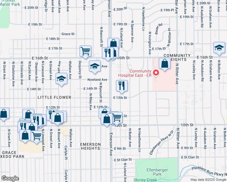 map of restaurants, bars, coffee shops, grocery stores, and more near 1228 North Emerson Avenue in Indianapolis