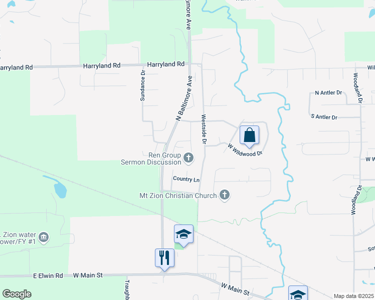 map of restaurants, bars, coffee shops, grocery stores, and more near 698 Country Court in Mount Zion