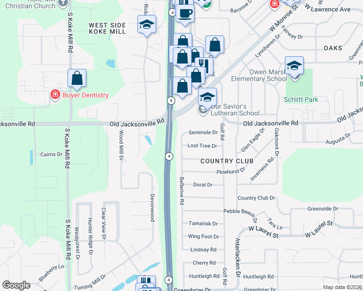 map of restaurants, bars, coffee shops, grocery stores, and more near 27 Bellerive Road in Springfield