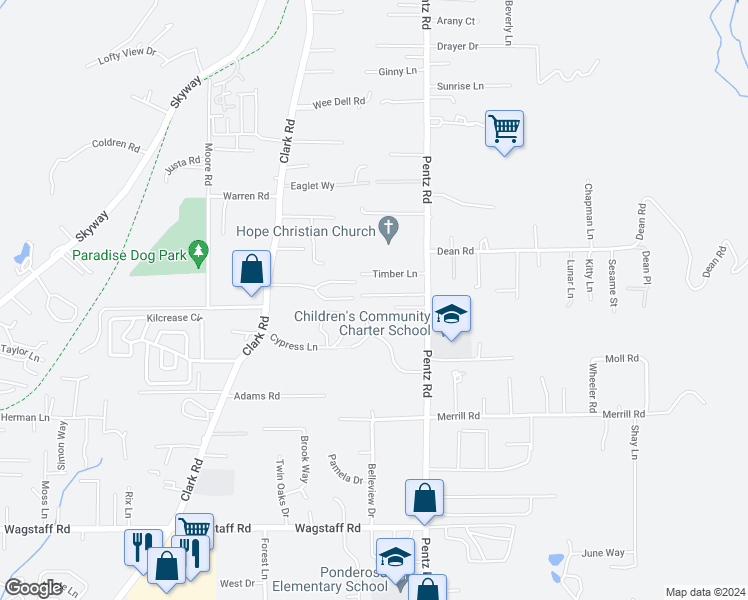 map of restaurants, bars, coffee shops, grocery stores, and more near 1610 Timber Walk Way in Paradise