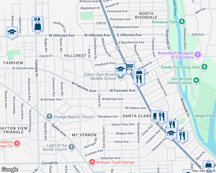 map of restaurants, bars, coffee shops, grocery stores, and more near 14 Woodcrest Avenue in Dayton