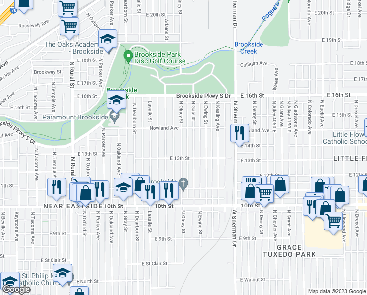map of restaurants, bars, coffee shops, grocery stores, and more near 1323 North Olney Street in Indianapolis