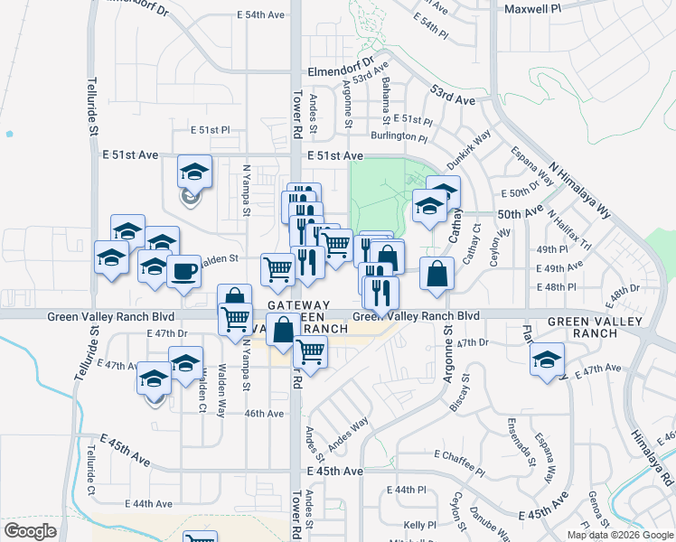 map of restaurants, bars, coffee shops, grocery stores, and more near 18605 Green Valley Ranch Boulevard in Denver