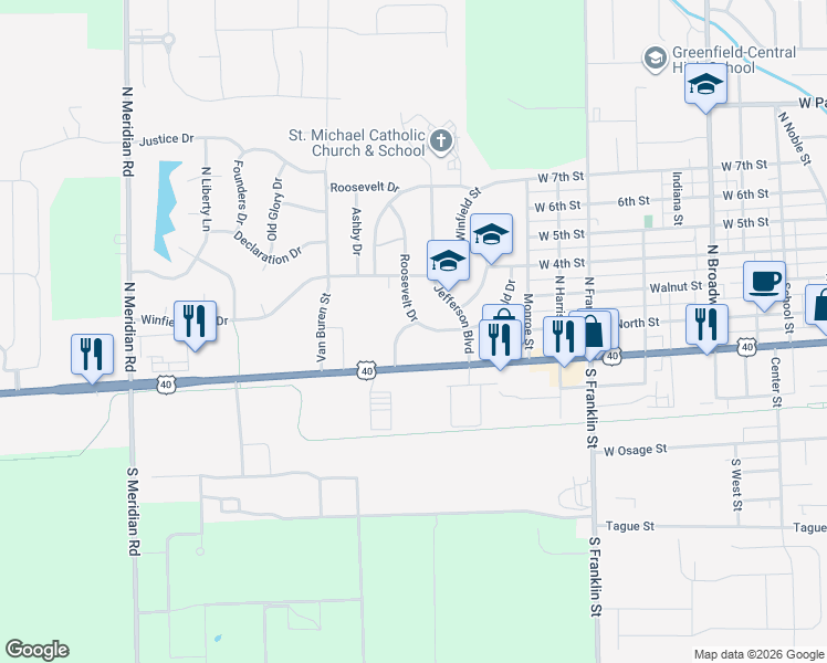 map of restaurants, bars, coffee shops, grocery stores, and more near 205 Roosevelt Drive in Greenfield
