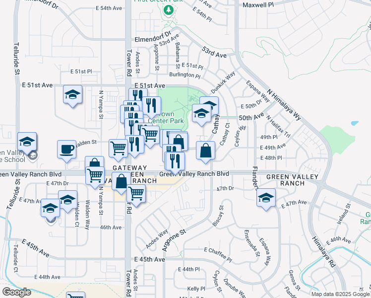 map of restaurants, bars, coffee shops, grocery stores, and more near 4925 Argonne Street in Denver