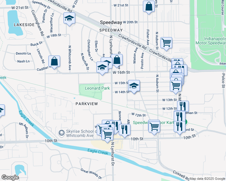 map of restaurants, bars, coffee shops, grocery stores, and more near 5254 West 14th Street in Indianapolis