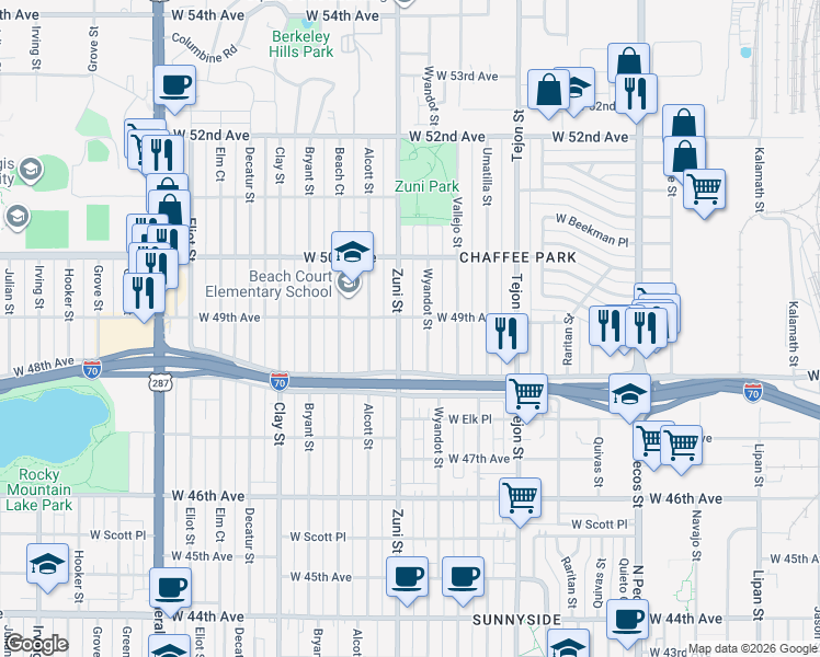 map of restaurants, bars, coffee shops, grocery stores, and more near 4915 Wyandot Street in Denver