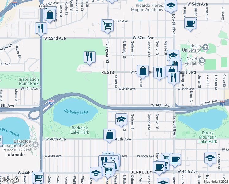 map of restaurants, bars, coffee shops, grocery stores, and more near 4920 Tennyson Street in Denver