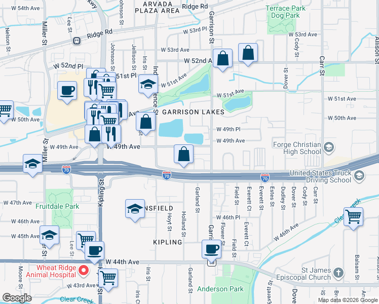 map of restaurants, bars, coffee shops, grocery stores, and more near 9395 West 49th Avenue in Wheat Ridge