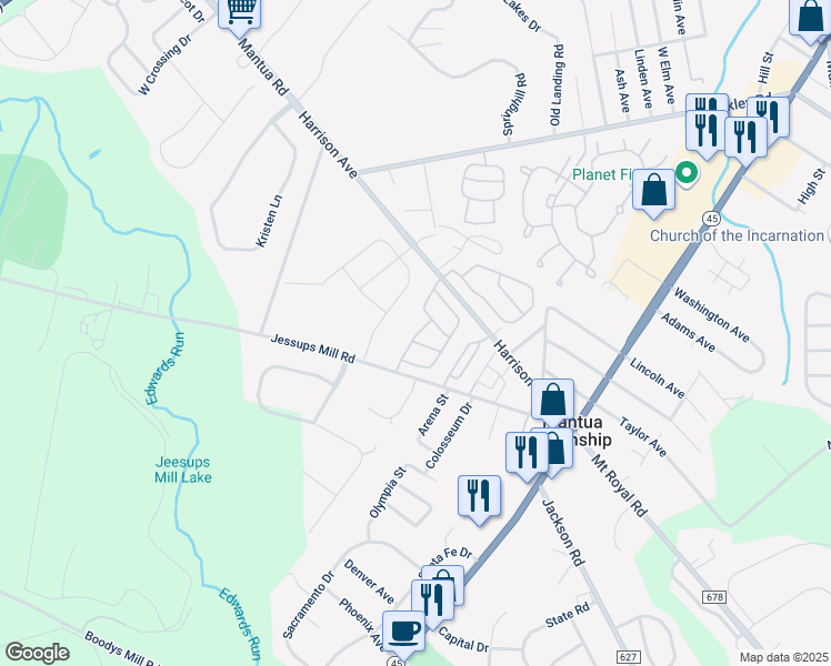 map of restaurants, bars, coffee shops, grocery stores, and more near 19 Silver Creek Drive in Gloucester County