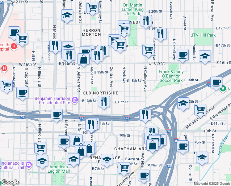 map of restaurants, bars, coffee shops, grocery stores, and more near 1424 Central Avenue in Indianapolis