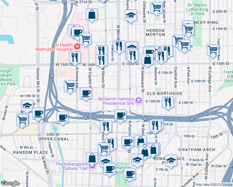 map of restaurants, bars, coffee shops, grocery stores, and more near 1401 North Meridian Street in Indianapolis