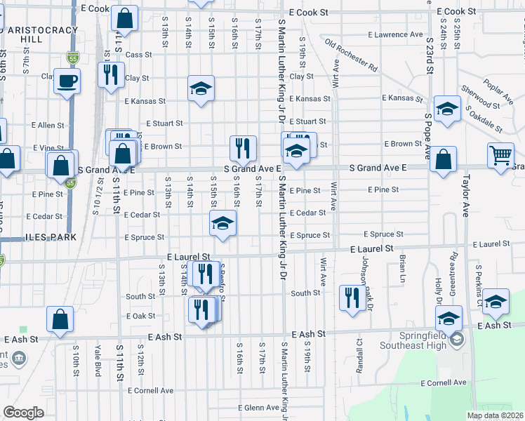 map of restaurants, bars, coffee shops, grocery stores, and more near 1501-1505 South 17th Street in Springfield