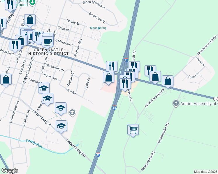 map of restaurants, bars, coffee shops, grocery stores, and more near 50 Eastern Avenue in Greencastle