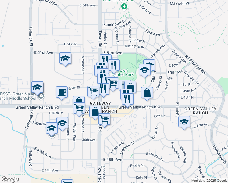 map of restaurants, bars, coffee shops, grocery stores, and more near 4925 Argonne Street in Denver