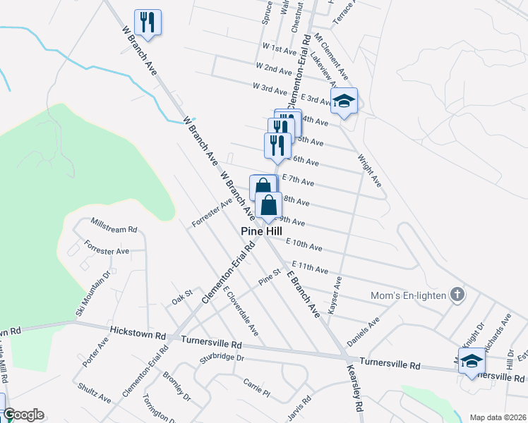 map of restaurants, bars, coffee shops, grocery stores, and more near 822 Erial Road in Pine Hill