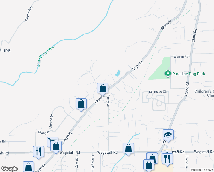 map of restaurants, bars, coffee shops, grocery stores, and more near 8699 Skyway in Paradise