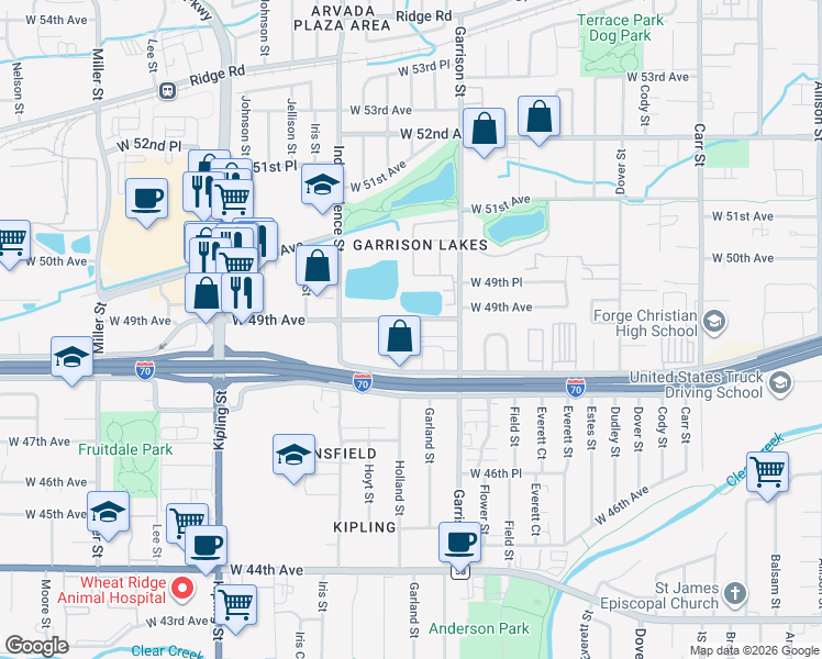 map of restaurants, bars, coffee shops, grocery stores, and more near 9395 West 49th Avenue in Wheat Ridge