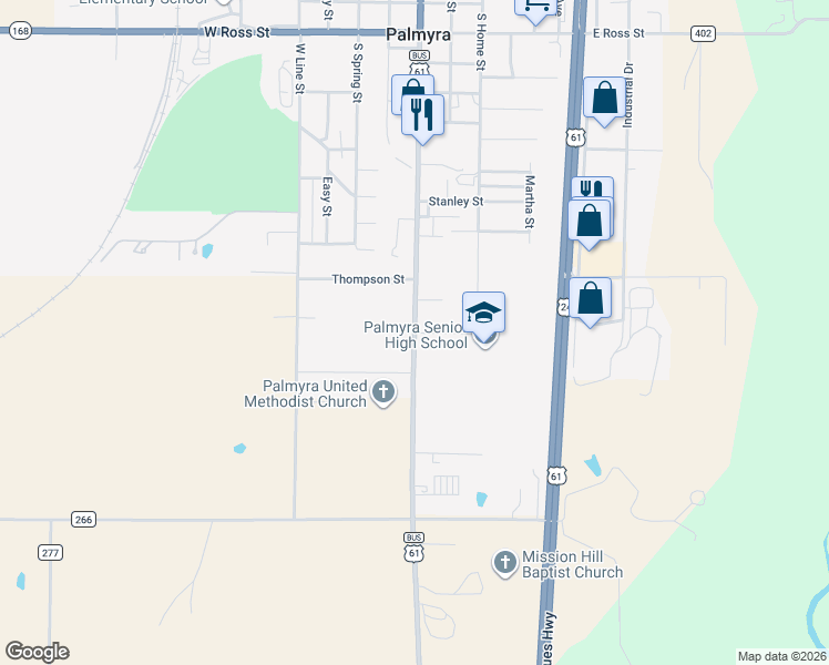 map of restaurants, bars, coffee shops, grocery stores, and more near 1592 South Main Street in Palmyra