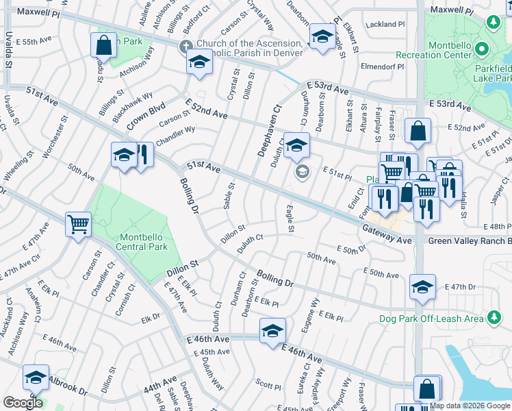 map of restaurants, bars, coffee shops, grocery stores, and more near 5095 Duluth Court in Denver