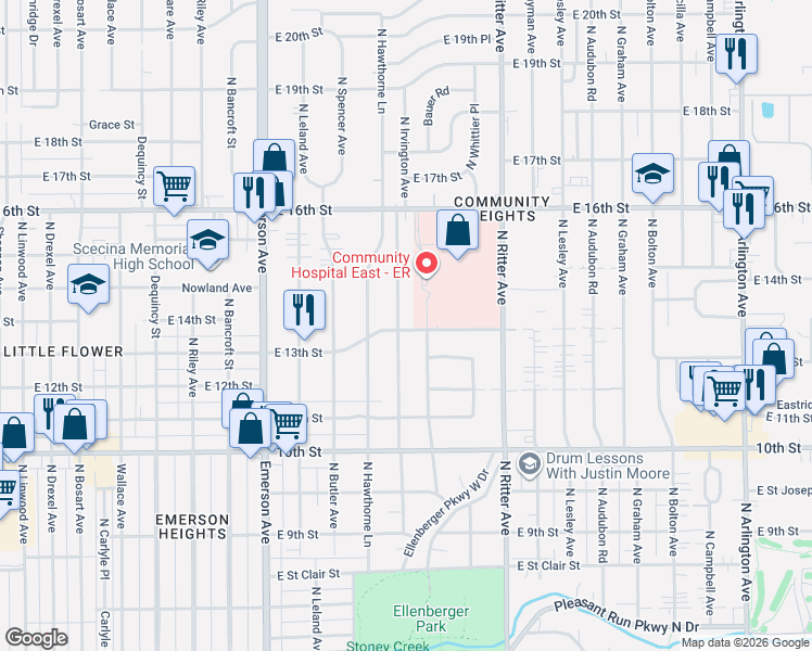 map of restaurants, bars, coffee shops, grocery stores, and more near 1401 North Downey Avenue in Indianapolis