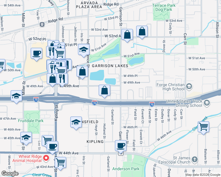 map of restaurants, bars, coffee shops, grocery stores, and more near 9395 West 49th Avenue in Wheat Ridge