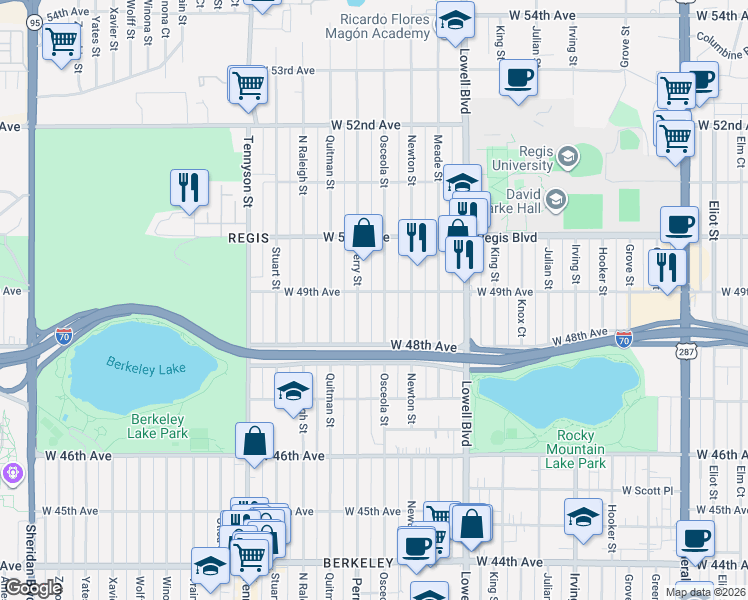 map of restaurants, bars, coffee shops, grocery stores, and more near 4885 Osceola Street in Denver