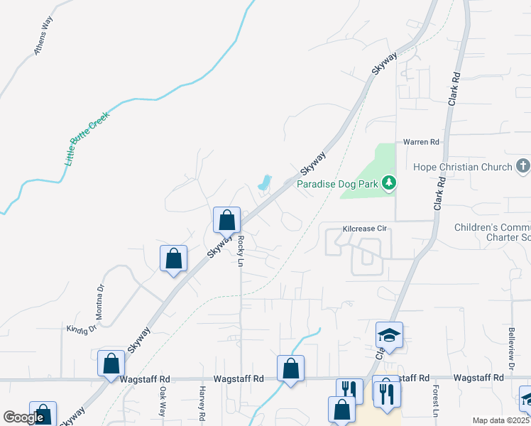 map of restaurants, bars, coffee shops, grocery stores, and more near 8746 Skyway in Paradise