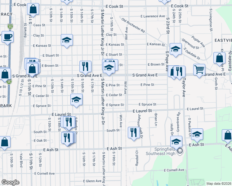 map of restaurants, bars, coffee shops, grocery stores, and more near 1900 East Pine Street in Springfield