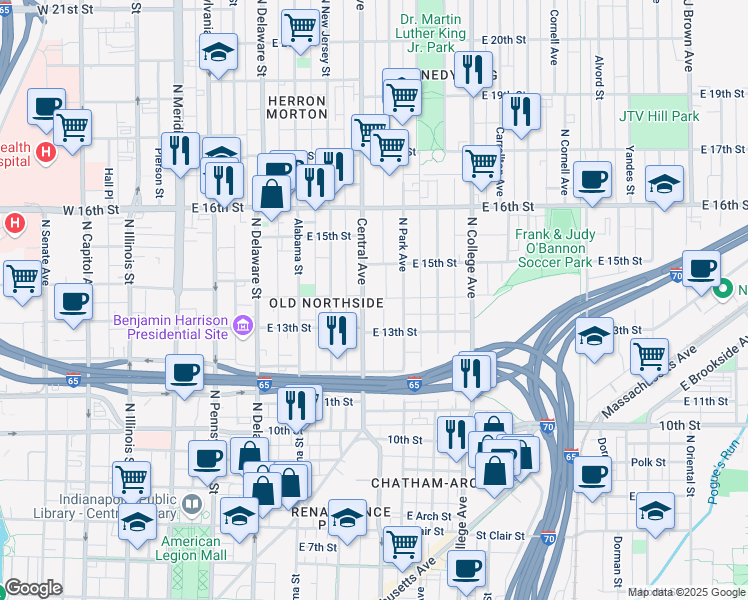 map of restaurants, bars, coffee shops, grocery stores, and more near 1335 Central Avenue in Indianapolis