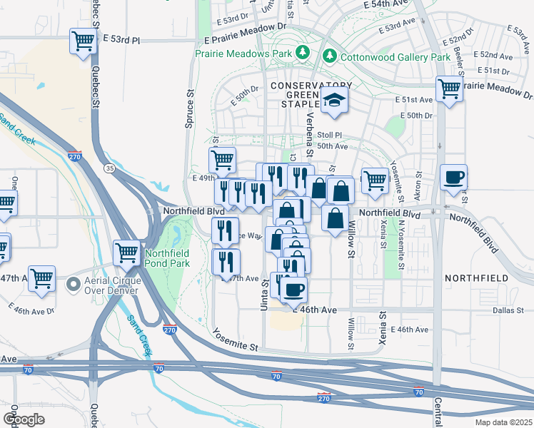 map of restaurants, bars, coffee shops, grocery stores, and more near 4909 Uinta Street in Denver