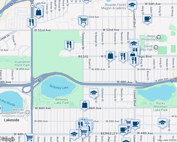 map of restaurants, bars, coffee shops, grocery stores, and more near 4920 Tennyson Street in Denver