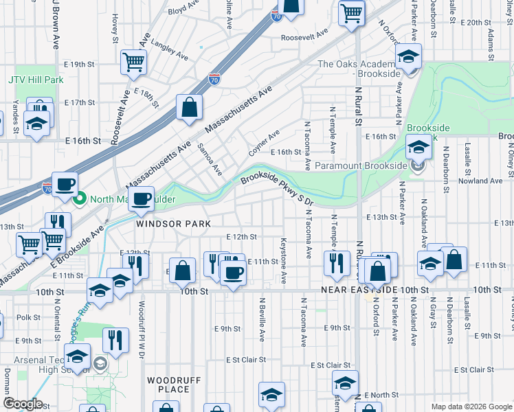 map of restaurants, bars, coffee shops, grocery stores, and more near 2301 Nowland Avenue in Indianapolis