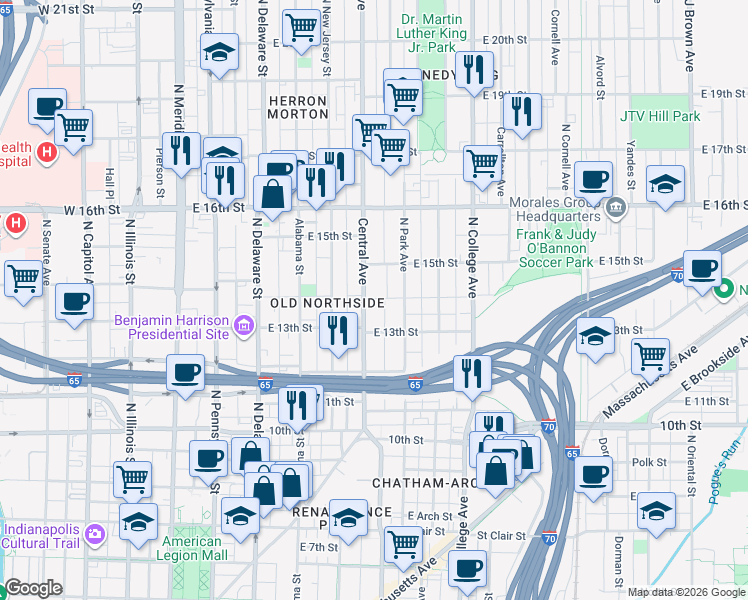 map of restaurants, bars, coffee shops, grocery stores, and more near 1424 Central Avenue in Indianapolis