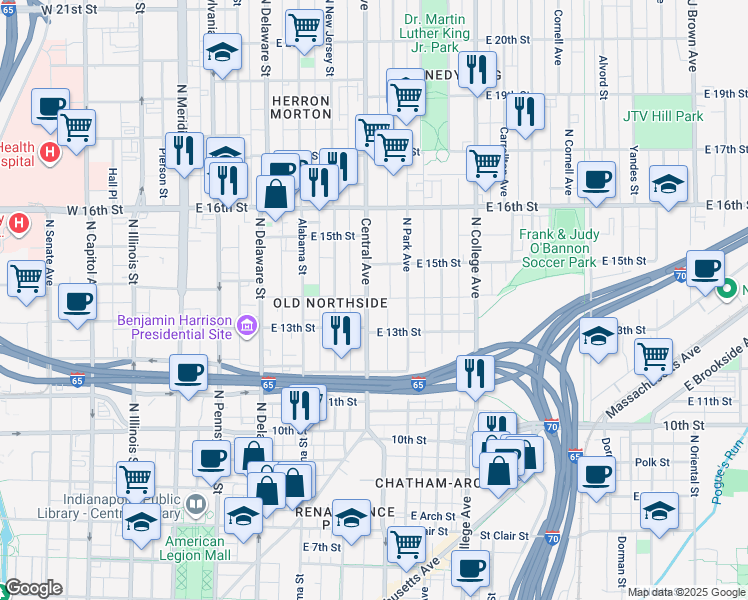 map of restaurants, bars, coffee shops, grocery stores, and more near 1424 Central Avenue in Indianapolis