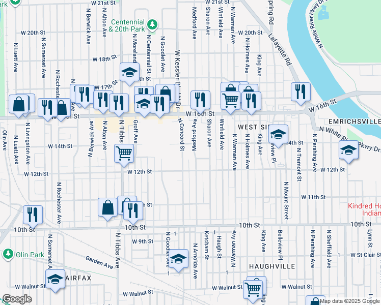 map of restaurants, bars, coffee shops, grocery stores, and more near 1401 Medford Avenue in Indianapolis