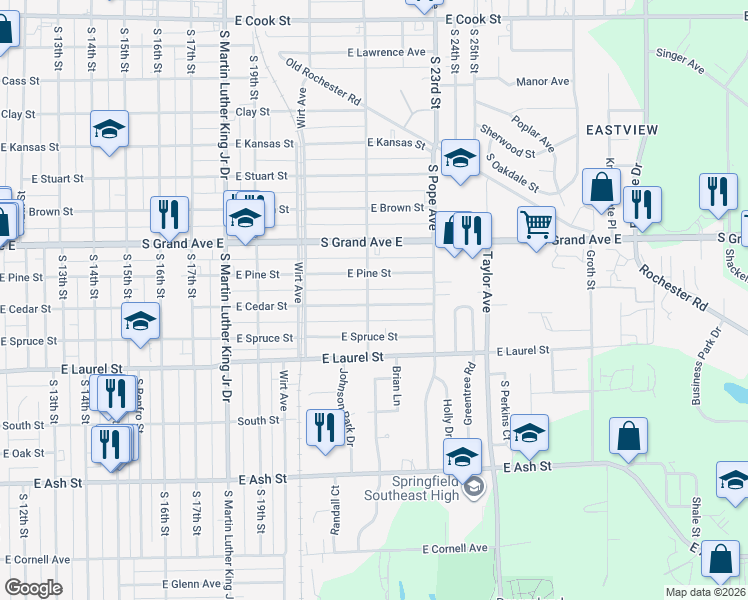 map of restaurants, bars, coffee shops, grocery stores, and more near 2122 East Pine Street in Springfield