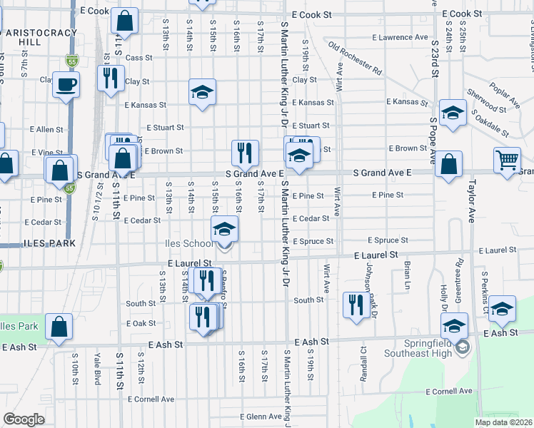 map of restaurants, bars, coffee shops, grocery stores, and more near 1501-1505 South 17th Street in Springfield