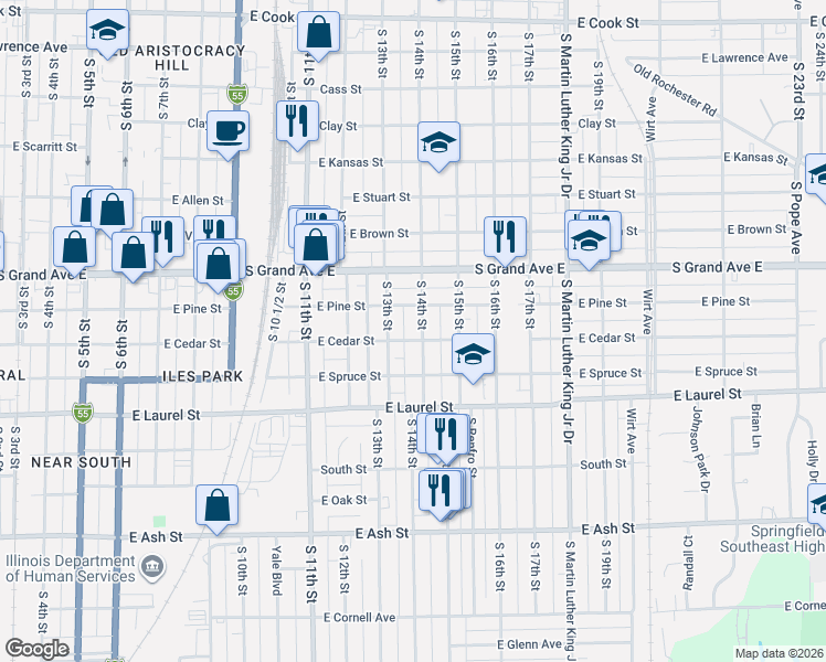 map of restaurants, bars, coffee shops, grocery stores, and more near 1300-1398 East Pine Street in Springfield