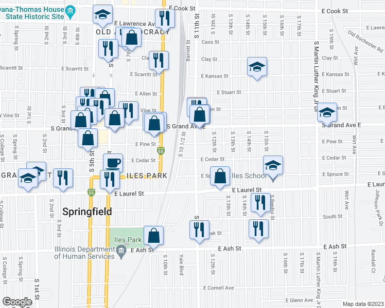 map of restaurants, bars, coffee shops, grocery stores, and more near 1519 South 11th Street in Springfield