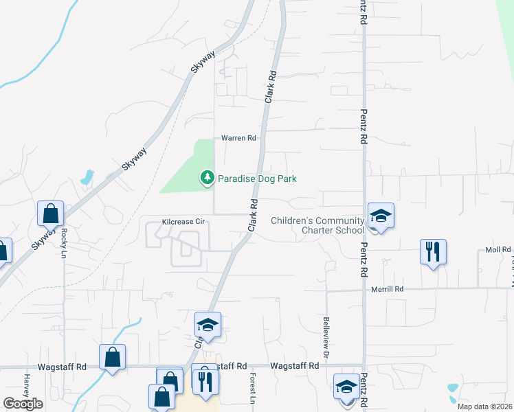 map of restaurants, bars, coffee shops, grocery stores, and more near 6920 Clark Road in Paradise