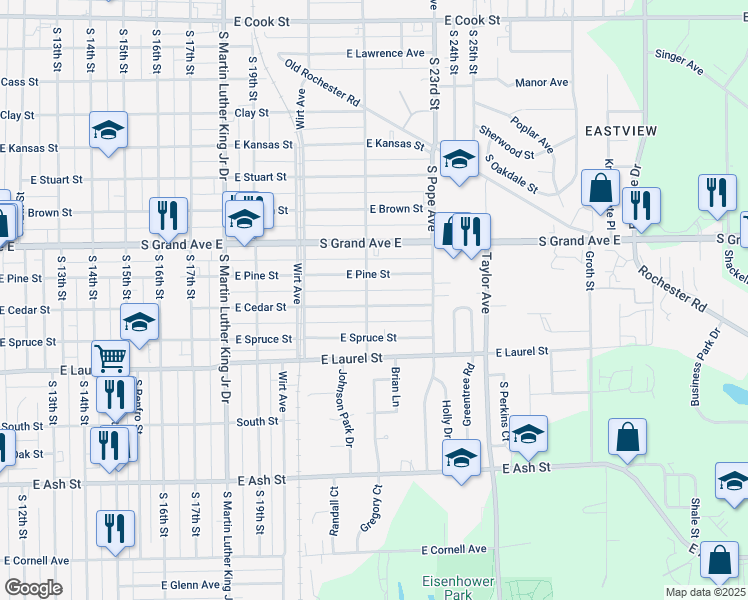 map of restaurants, bars, coffee shops, grocery stores, and more near 2122 East Pine Street in Springfield