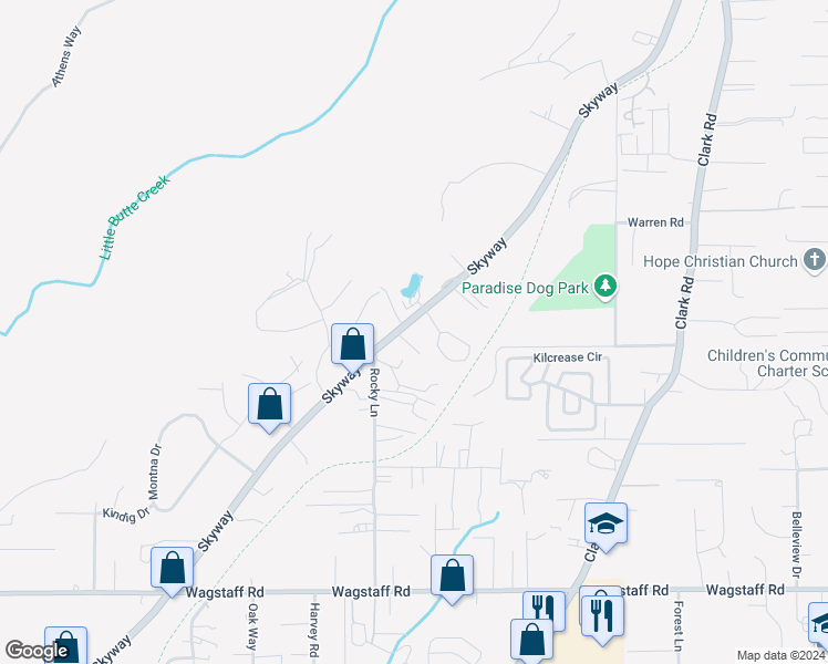 map of restaurants, bars, coffee shops, grocery stores, and more near 8746 Skyway in Paradise