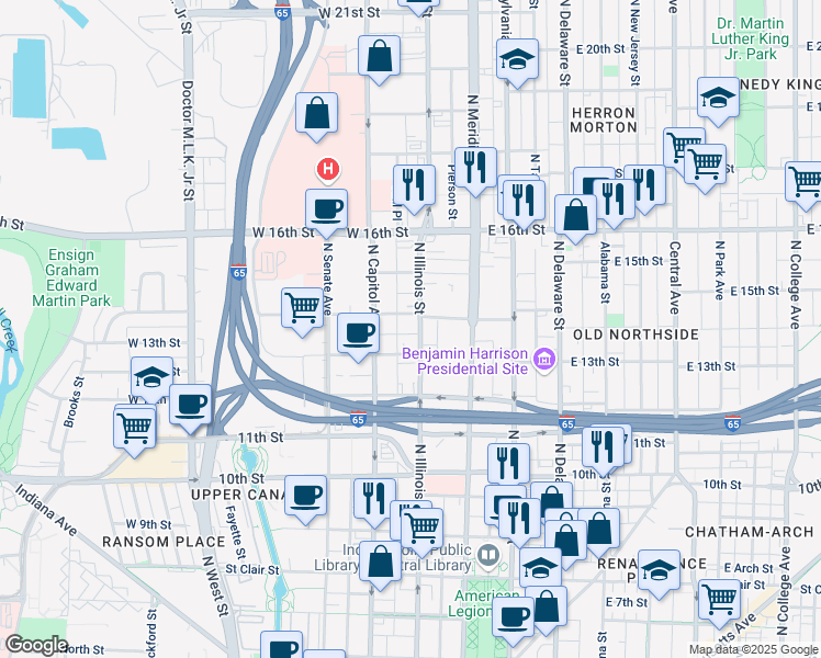 map of restaurants, bars, coffee shops, grocery stores, and more near 1352 North Illinois Street in Indianapolis
