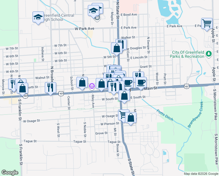 map of restaurants, bars, coffee shops, grocery stores, and more near 118 West Main Street in Greenfield