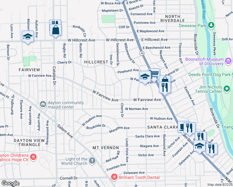 map of restaurants, bars, coffee shops, grocery stores, and more near 20 Marie Avenue in Dayton