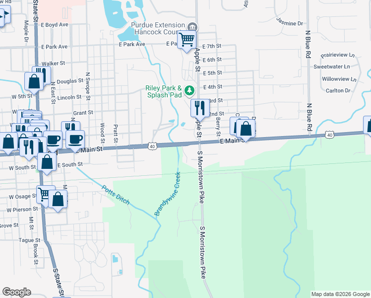 map of restaurants, bars, coffee shops, grocery stores, and more near 927 East Main Street in Greenfield